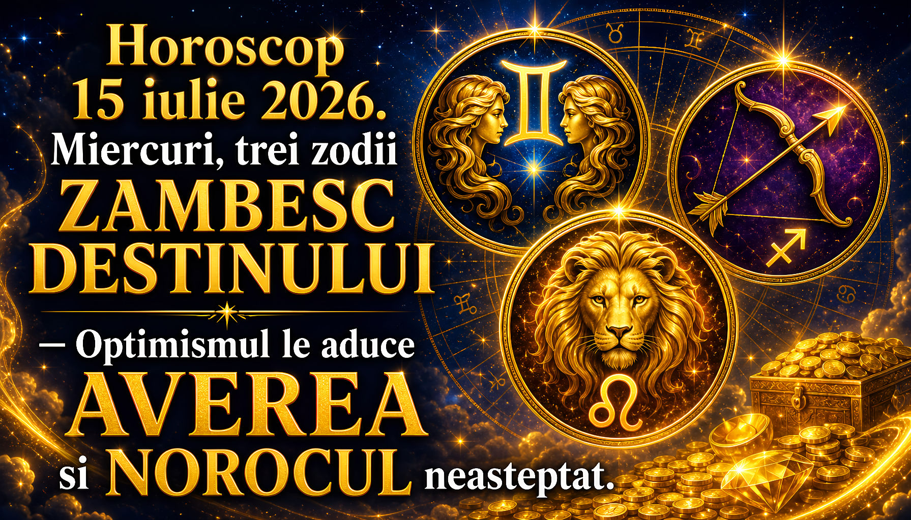 Horoscop 15 iulie 2026. Miercuri, trei zodii ZAMBESC DESTINULUI – Optimismul le aduce AVEREA si NOROCUL neasteptat