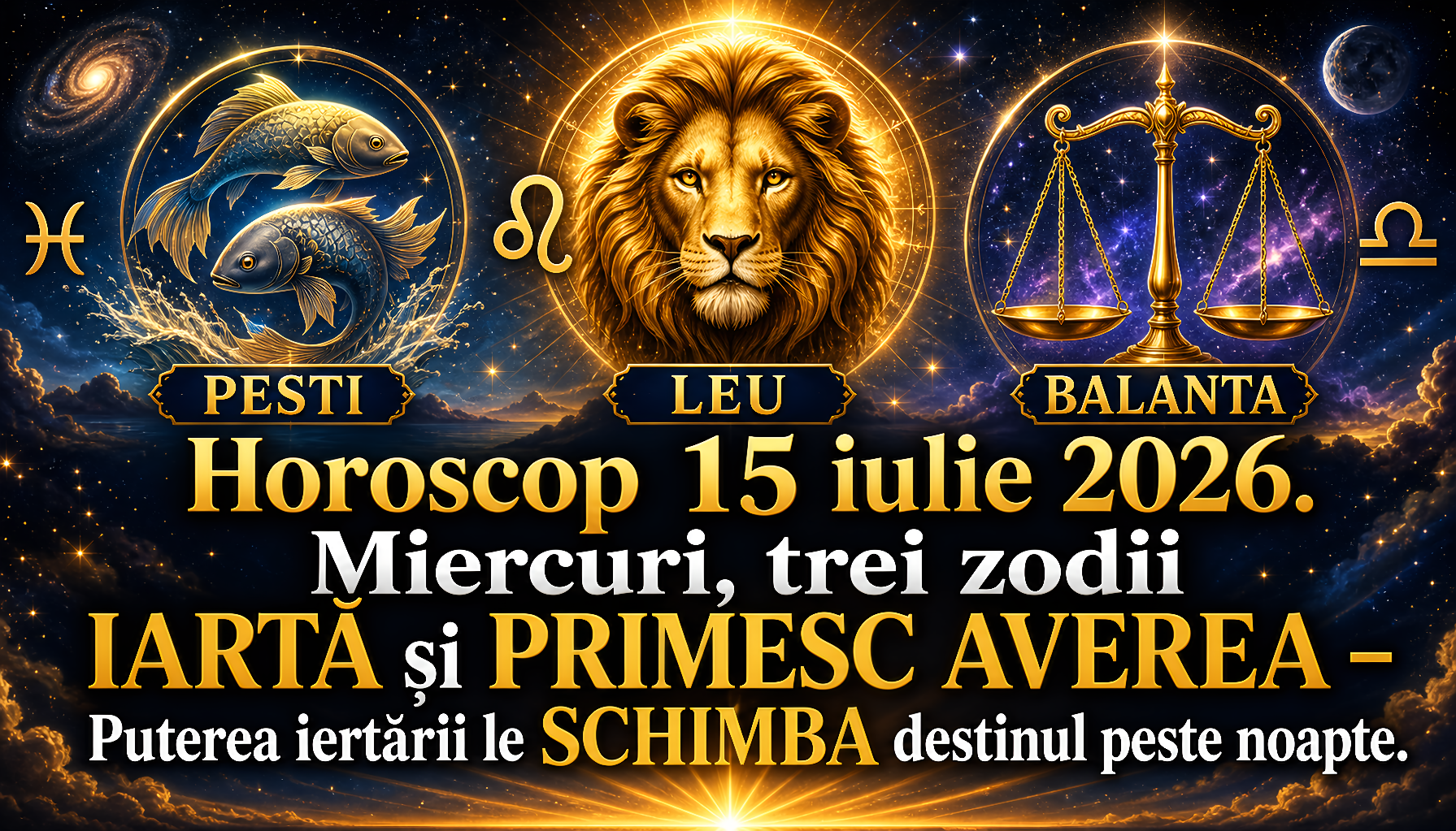 Horoscop 15 iulie 2026. Miercuri, trei zodii IARTĂ și PRIMESC AVEREA – Puterea iertării le SCHIMBA destinul peste noapte
