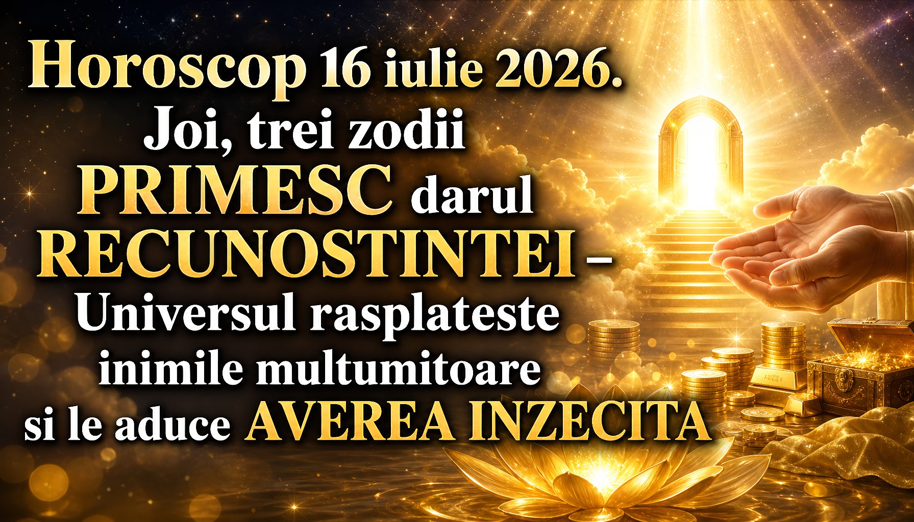 Horoscop 16 iulie 2026. Joi, trei zodii PRIMESC darul RECUNOSTINTEI – Universul rasplateste inimile multumitoare si le aduce AVEREA INZECITA