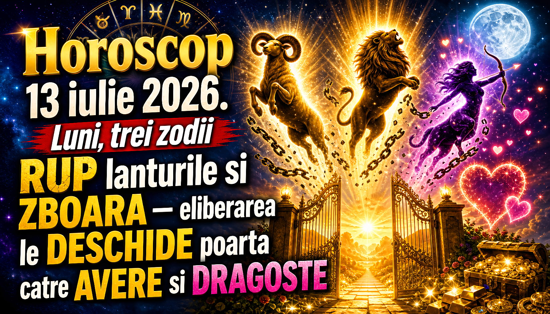 Horoscop 13 iulie 2026. Luni, trei zodii RUP lanturile si ZBOARA – eliberarea le DESCHIDE poarta catre AVERE si DRAGOSTE