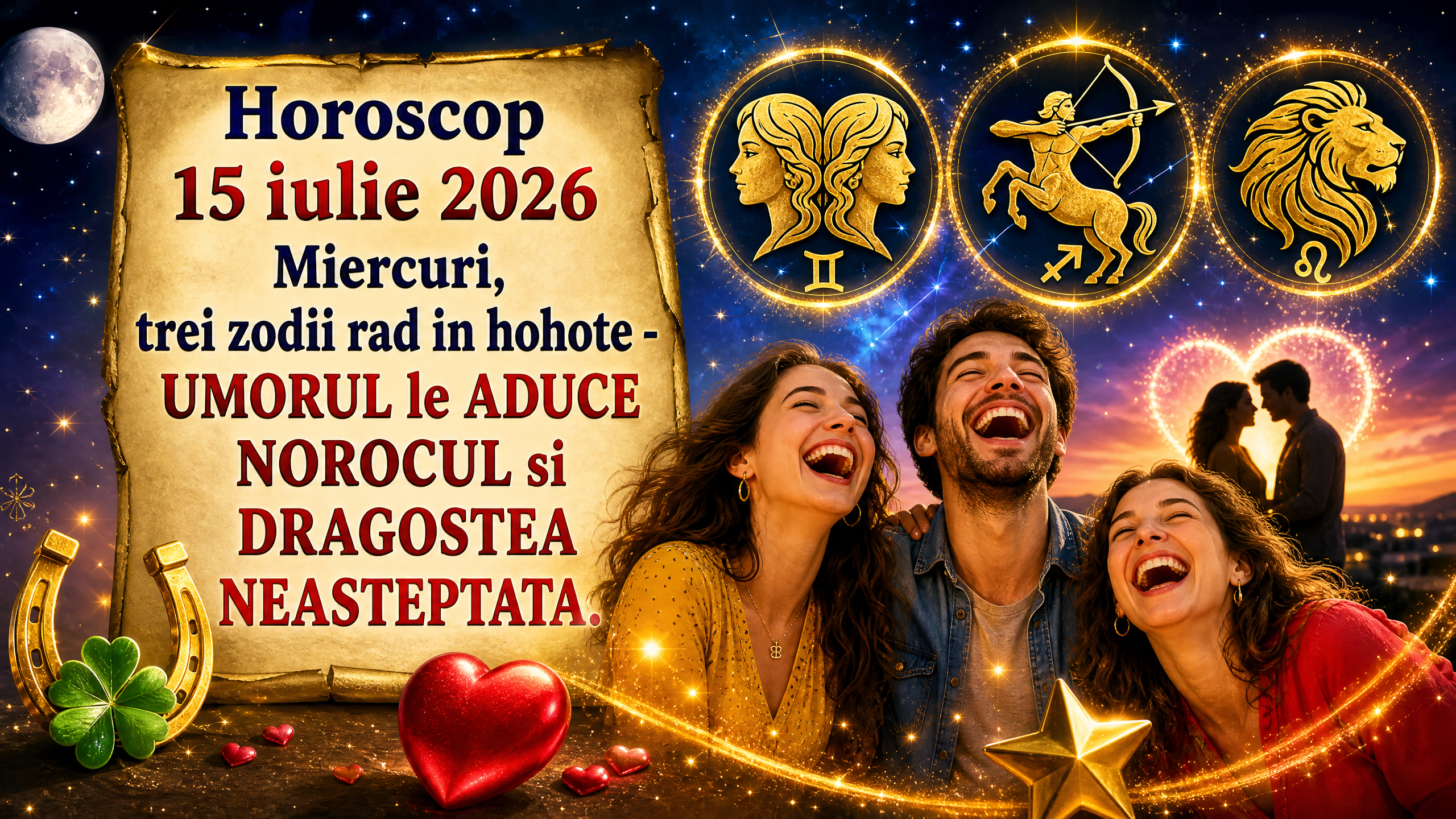 Horoscop 15 iulie 2026. Miercuri, trei zodii rad in hohote – UMORUL le ADUCE NOROCUL si DRAGOSTEA NEASTEPTATA
