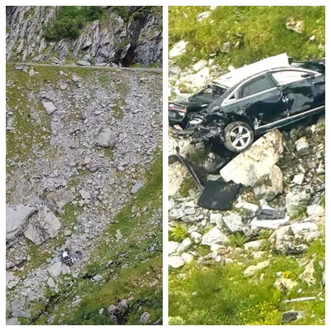Nou incident pe Transfăgărășan. O mașină a căzut în prăpastie după ce șoferul a uitat să tragă frâna de mână