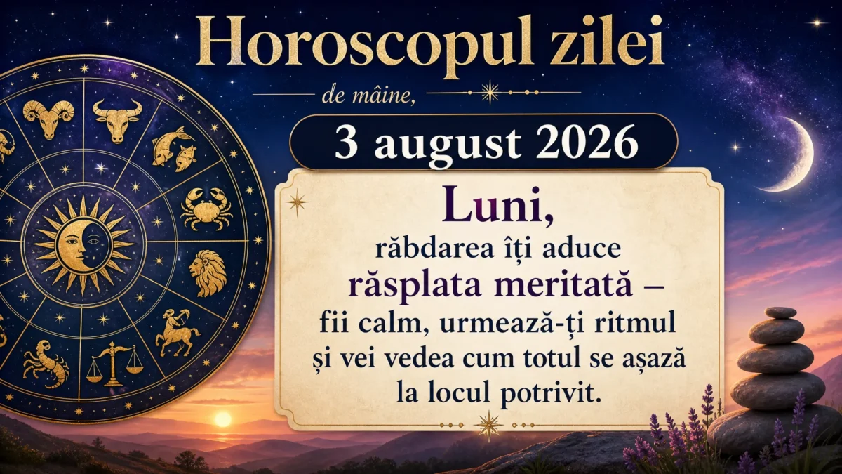 Horoscopul zilei de mâine, 3 august 2026. Luni, răbdarea îți aduce răsplata meritată — fii calm, urmează-ți ritmul și vei vedea cum totul se așază la locul potrivit