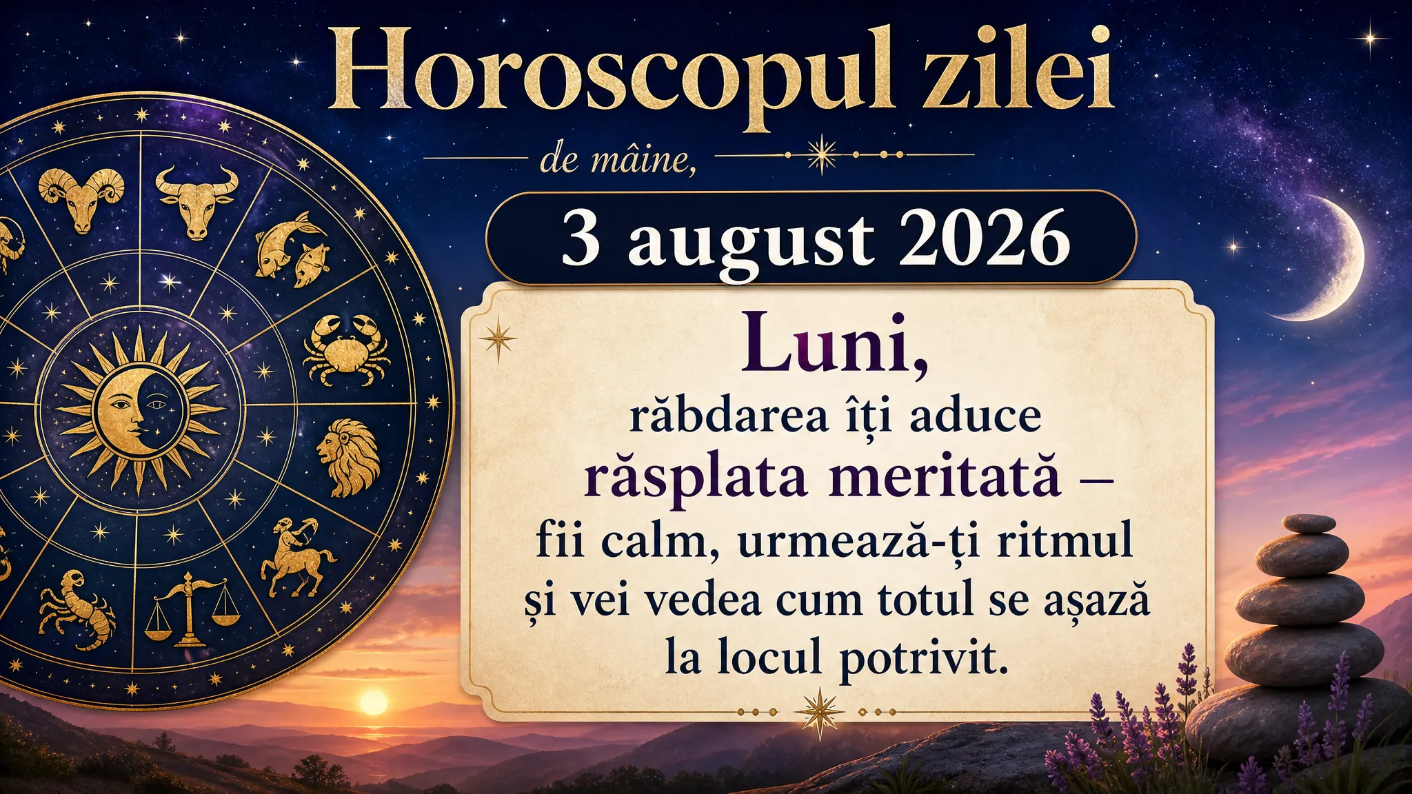 Horoscopul zilei de mâine, 3 august 2026. Luni, răbdarea îți aduce răsplata meritată — fii calm, urmează-ți ritmul și vei vedea cum totul se așază la locul potrivit