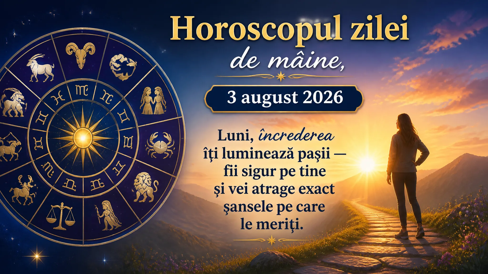 Horoscopul zilei de mâine, 3 august 2026. Luni, încrederea îți luminează pașii — fii sigur pe tine și vei atrage exact șansele pe care le meriți