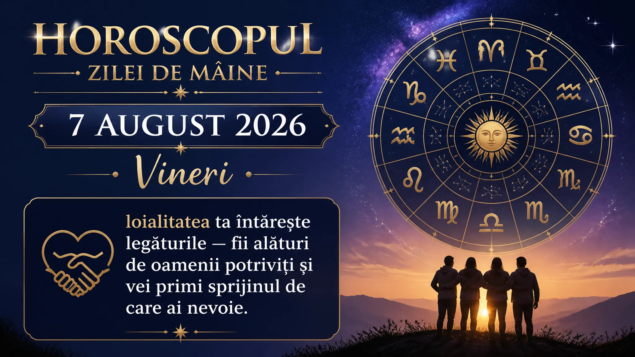 Horoscopul zilei de mâine, 7 august 2026. Vineri, loialitatea ta întărește legăturile — fii alături de oamenii potriviți și vei primi sprijinul de care ai nevoie