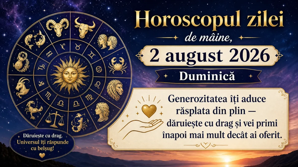 Horoscopul zilei de mâine, 2 august 2026. Duminică, generozitatea îți aduce răsplata din plin — dăruiește cu drag și vei primi înapoi mai mult decât ai oferit
