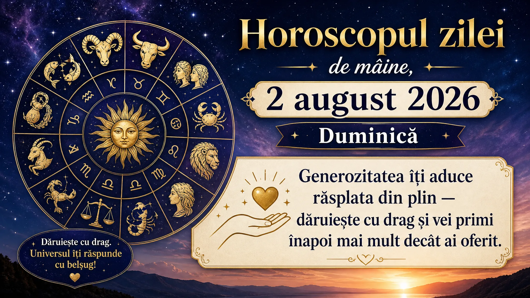 Horoscopul zilei de mâine, 2 august 2026. Duminică, generozitatea îți aduce răsplata din plin — dăruiește cu drag și vei primi înapoi mai mult decât ai oferit