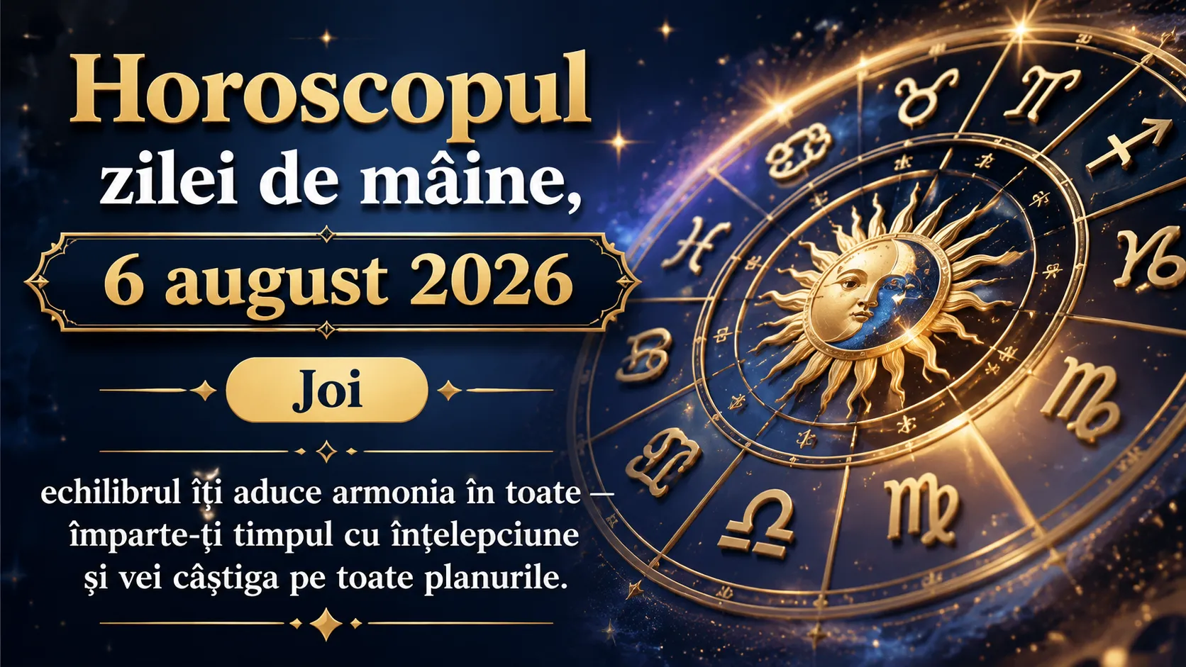 Horoscopul zilei de mâine, 6 august 2026. Joi, echilibrul îți aduce armonia în toate — împarte-ți timpul cu înțelepciune și vei câștiga pe toate planurile