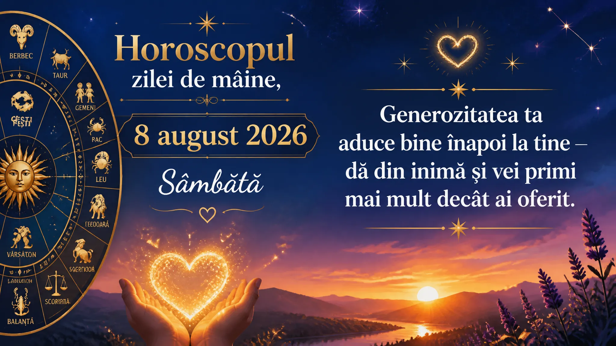 Horoscopul zilei de mâine, 8 august 2026. Sâmbătă, generozitatea ta aduce bine înapoi la tine — dă din inimă și vei primi mai mult decât ai oferit