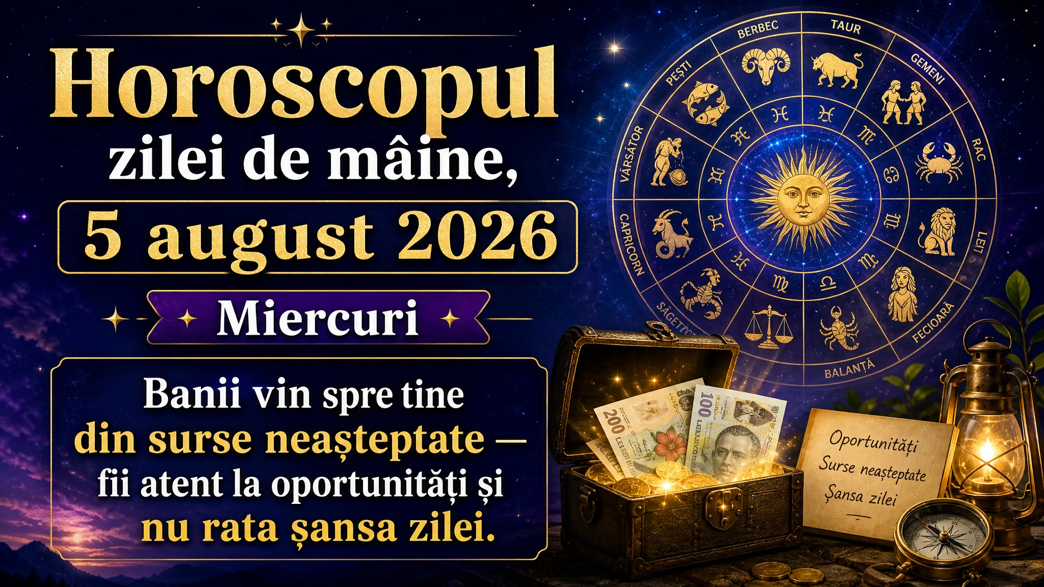 Horoscopul zilei de mâine, 5 august 2026. Miercuri, banii vin spre tine din surse neașteptate — fii atent la oportunități și nu rata șansa zilei