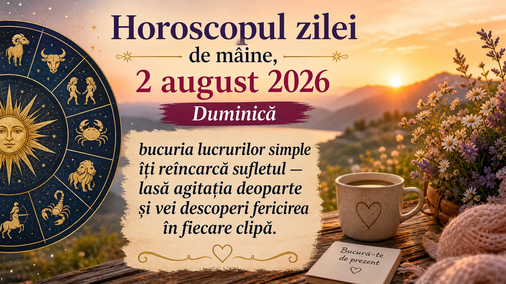 Horoscopul zilei de mâine, 2 august 2026. Duminică, bucuria lucrurilor simple îți reîncarcă sufletul — lasă agitația deoparte și vei descoperi fericirea în fiecare clipă