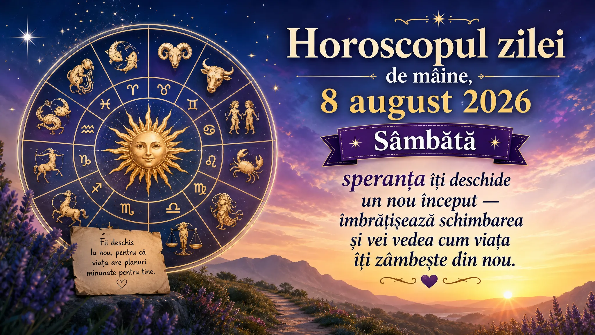 Horoscopul zilei de mâine, 8 august 2026. Sâmbătă, speranța îți deschide un nou început — îmbrățișează schimbarea și vei vedea cum viața îți zâmbește din nou