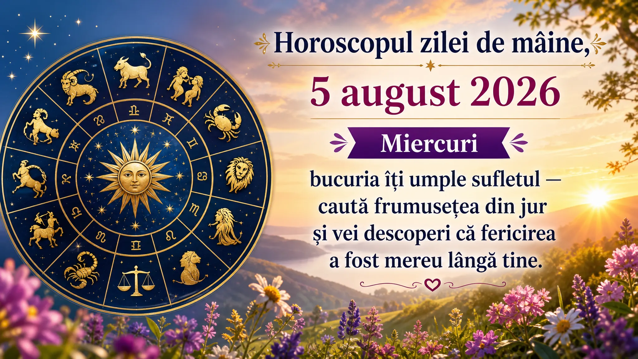 Horoscopul zilei de mâine, 5 august 2026. Miercuri, bucuria îți umple sufletul — caută frumusețea din jur și vei descoperi că fericirea a fost mereu lângă tine