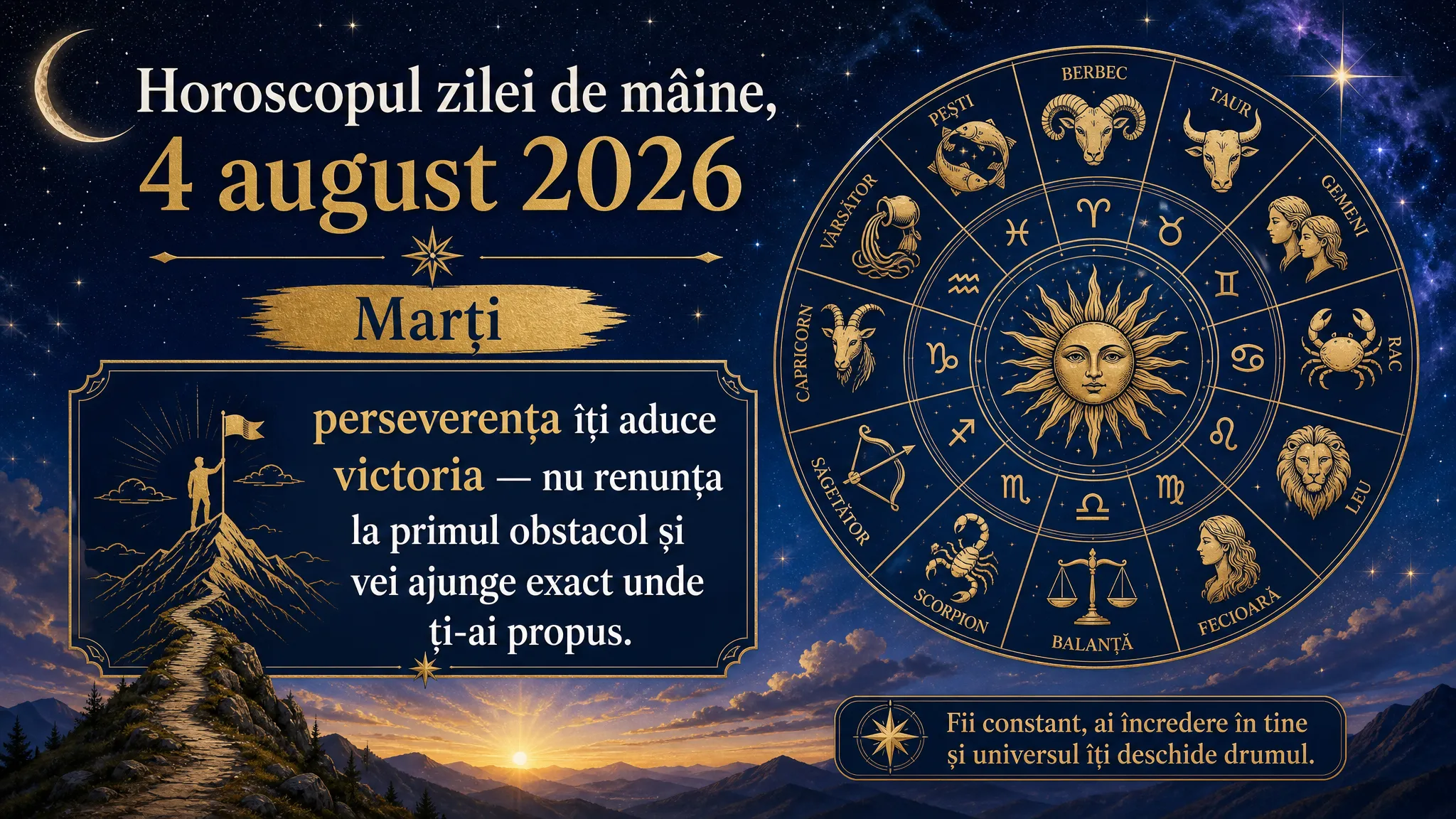 Horoscopul zilei de mâine, 4 august 2026. Marți, perseverența îți aduce victoria — nu renunța la primul obstacol și vei ajunge exact unde ți-ai propus