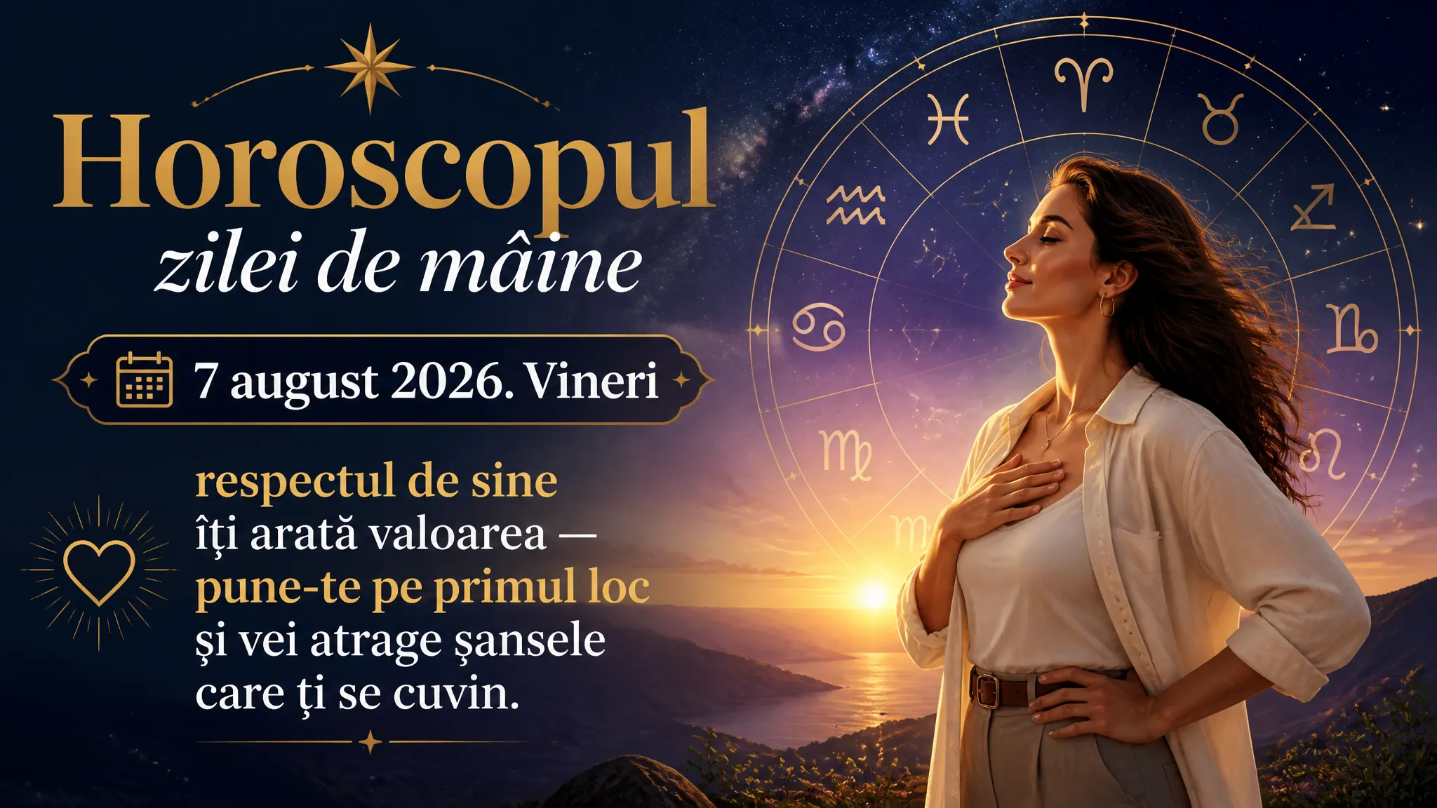 Horoscopul zilei de mâine, 7 august 2026. Vineri, respectul de sine îți arată valoarea — pune-te pe primul loc și vei atrage șansele care ți se cuvin