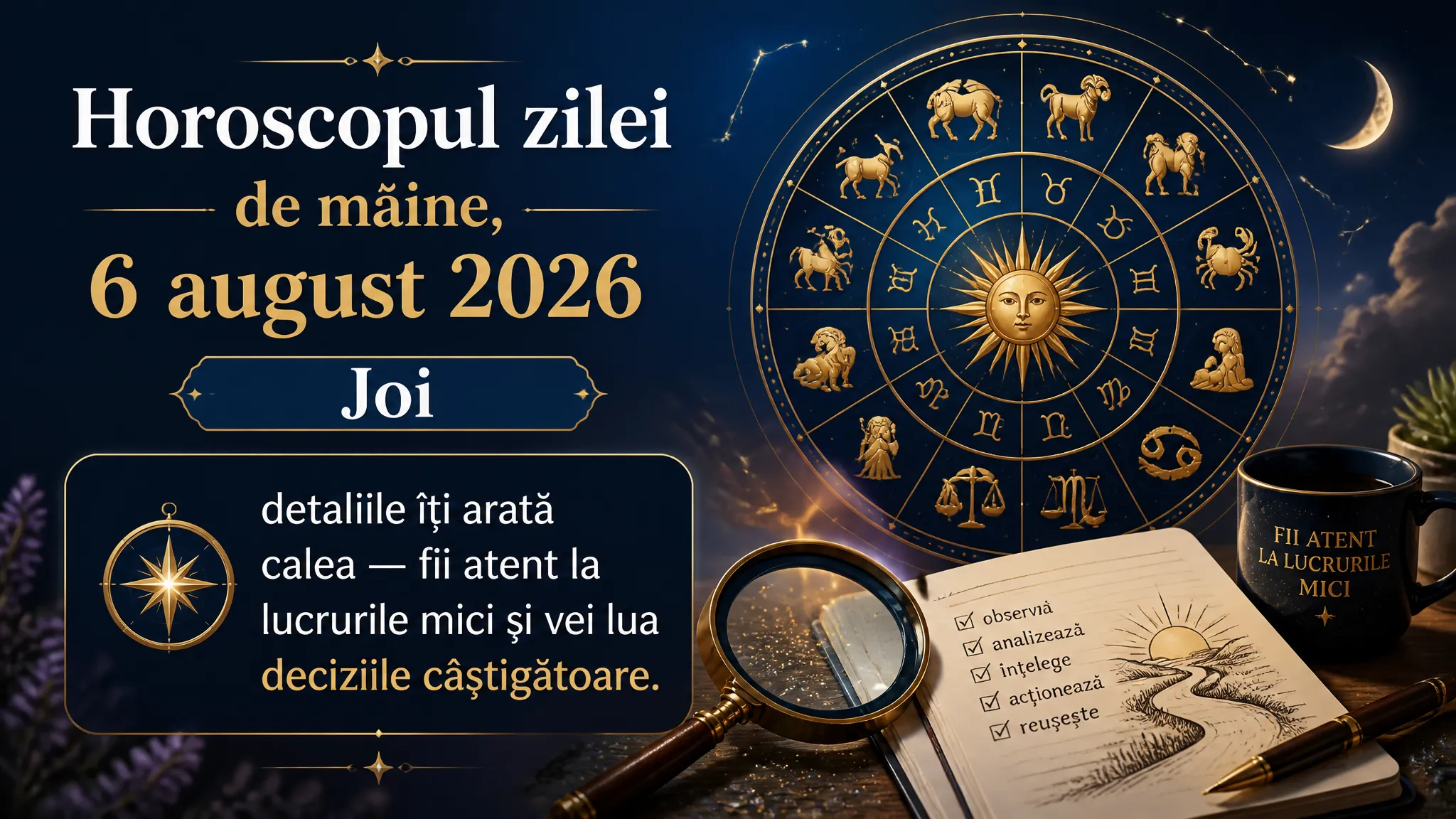 Horoscopul zilei de mâine, 6 august 2026. Joi, detaliile îți arată calea — fii atent la lucrurile mici și vei lua deciziile câștigătoare