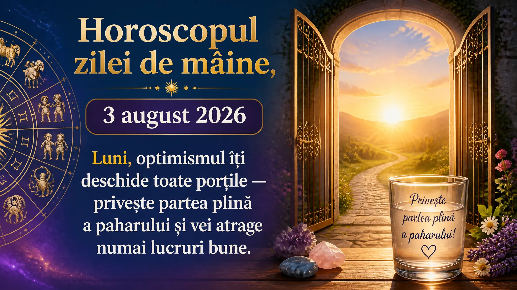 Horoscopul zilei de mâine, 3 august 2026. Luni, optimismul îți deschide toate porțile — privește partea plină a paharului și vei atrage numai lucruri bune