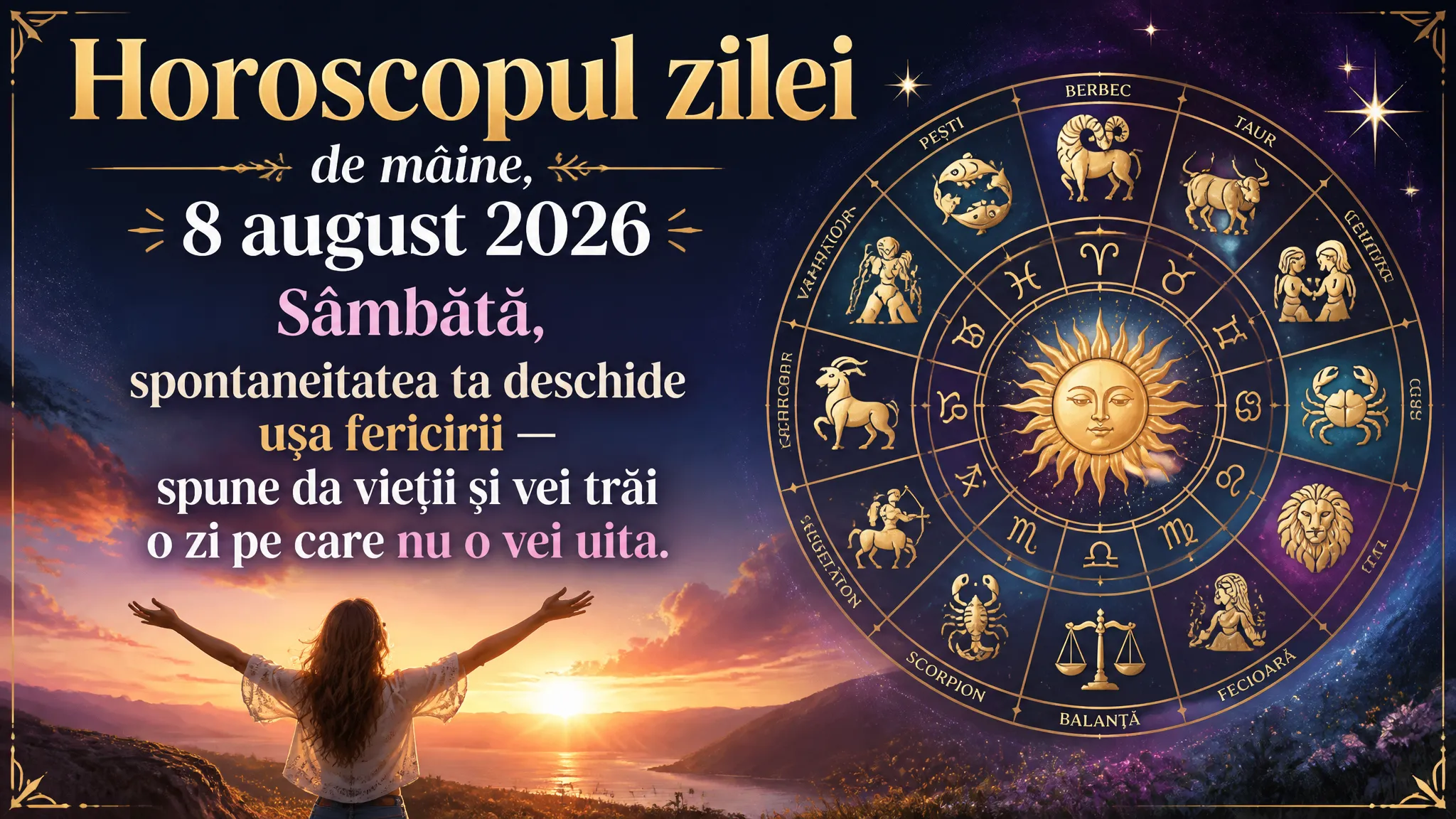 Horoscopul zilei de mâine, 8 august 2026. Sâmbătă, spontaneitatea ta deschide ușa fericirii — spune da vieții și vei trăi o zi pe care nu o vei uita