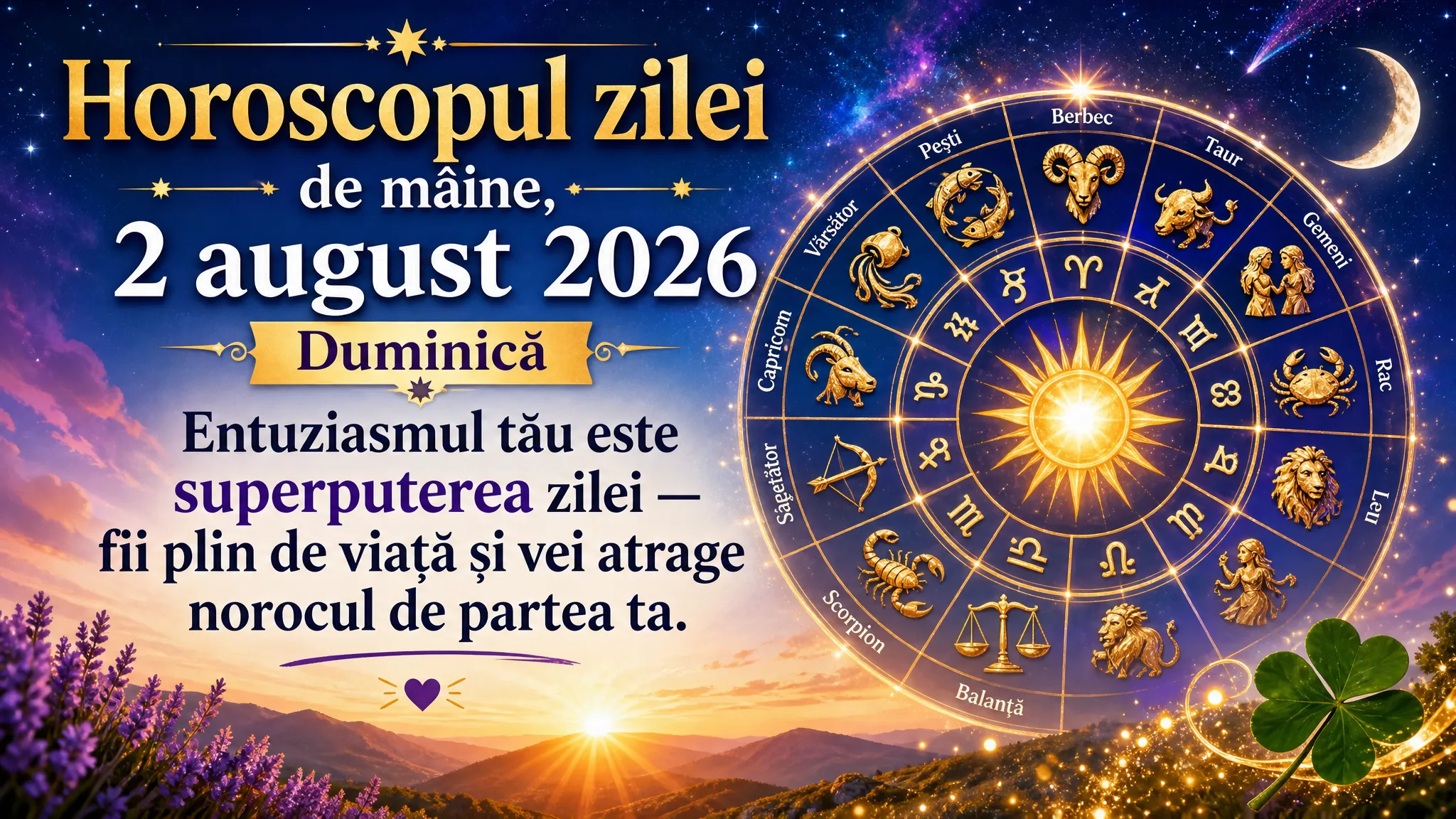 Horoscopul zilei de mâine, 2 august 2026. Duminică, entuziasmul tău este superputerea zilei — fii plin de viață și vei atrage norocul de partea ta