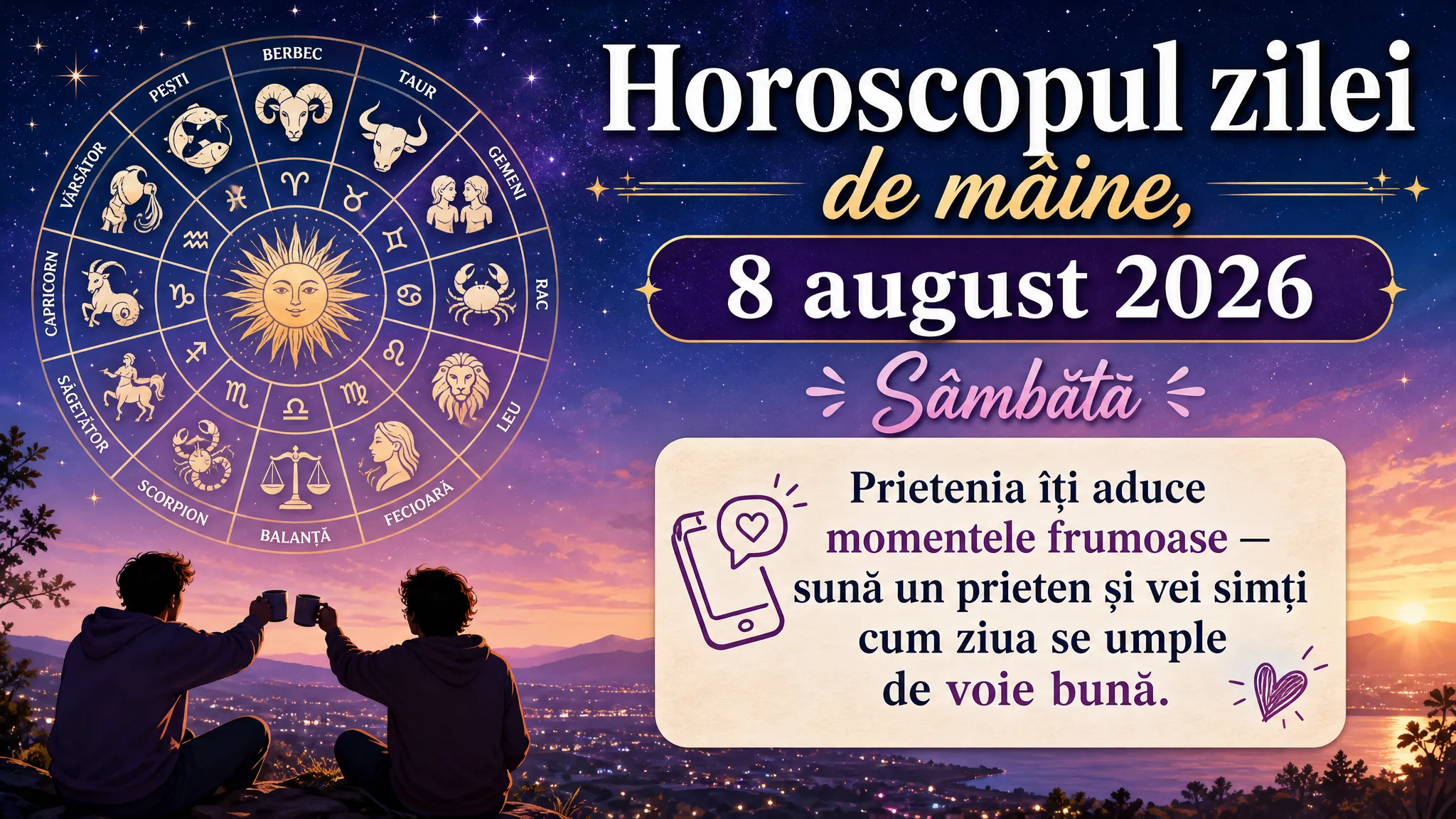Horoscopul zilei de mâine, 8 august 2026. Sâmbătă, prietenia îți aduce momentele frumoase — sună un prieten și vei simți cum ziua se umple de voie bună