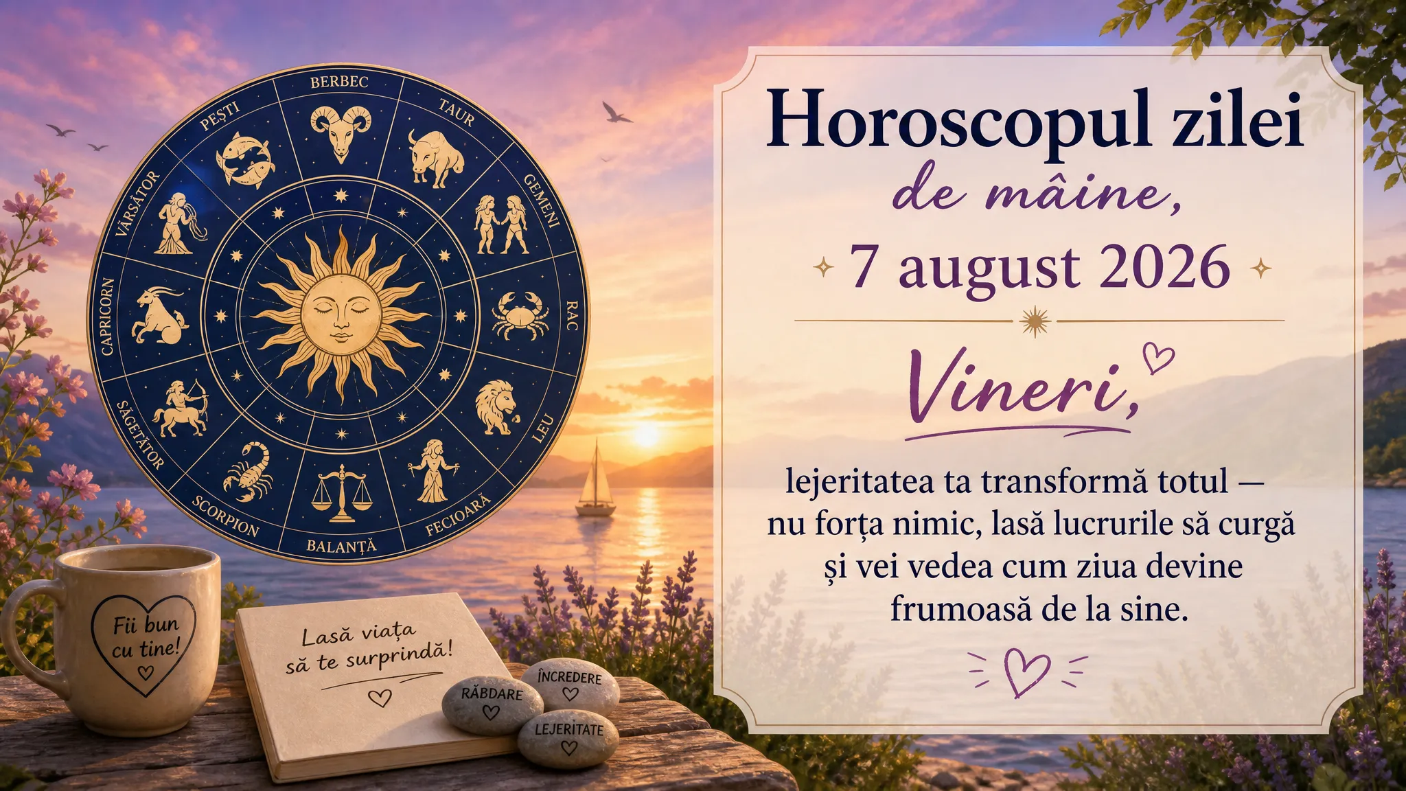Horoscopul zilei de mâine, 7 august 2026. Vineri, lejeritatea ta transformă totul — nu forța nimic, lasă lucrurile să curgă și vei vedea cum ziua devine frumoasă de la sine