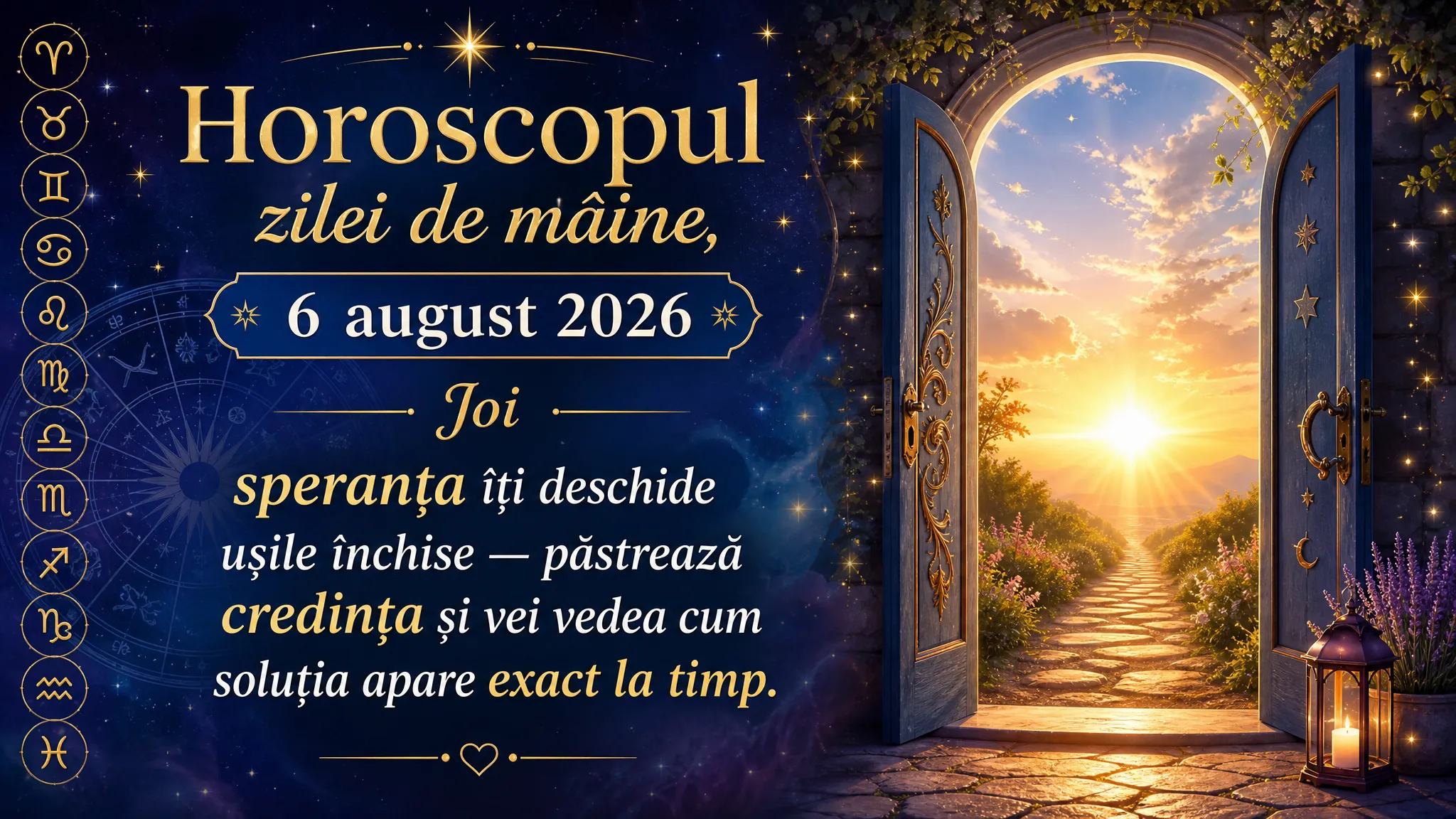 Horoscopul zilei de mâine, 6 august 2026. Joi, speranța îți deschide ușile închise — păstrează credința și vei vedea cum soluția apare exact la timp