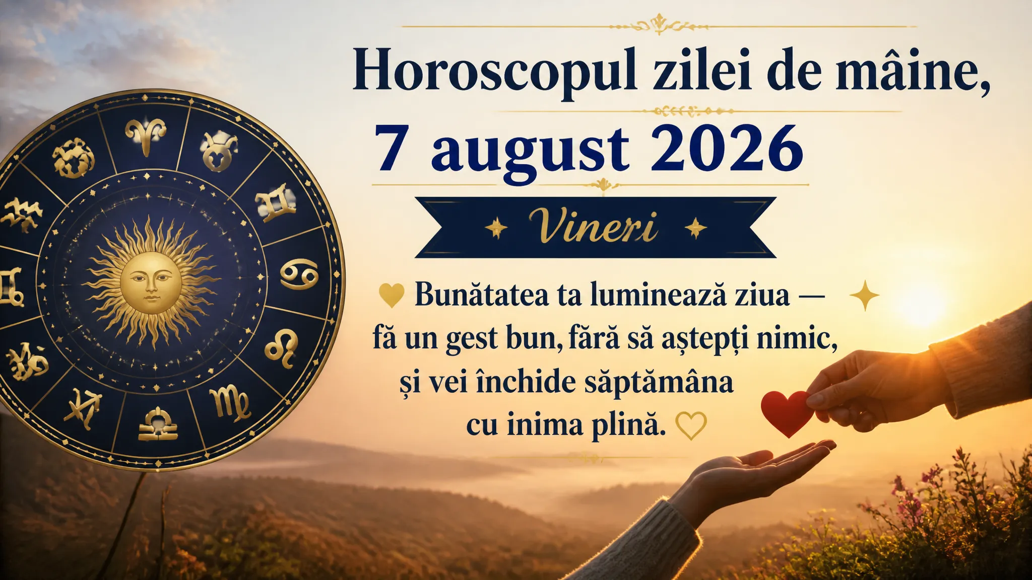 Horoscopul zilei de mâine, 7 august 2026. Vineri, bunătatea ta luminează ziua — fă un gest bun, fără să aștepți nimic, și vei închide săptămâna cu inima plină