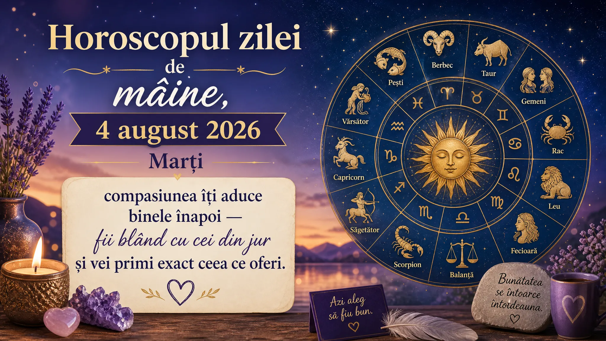 Horoscopul zilei de mâine, 4 august 2026. Marți, compasiunea îți aduce binele înapoi — fii blând cu cei din jur și vei primi exact ceea ce oferi