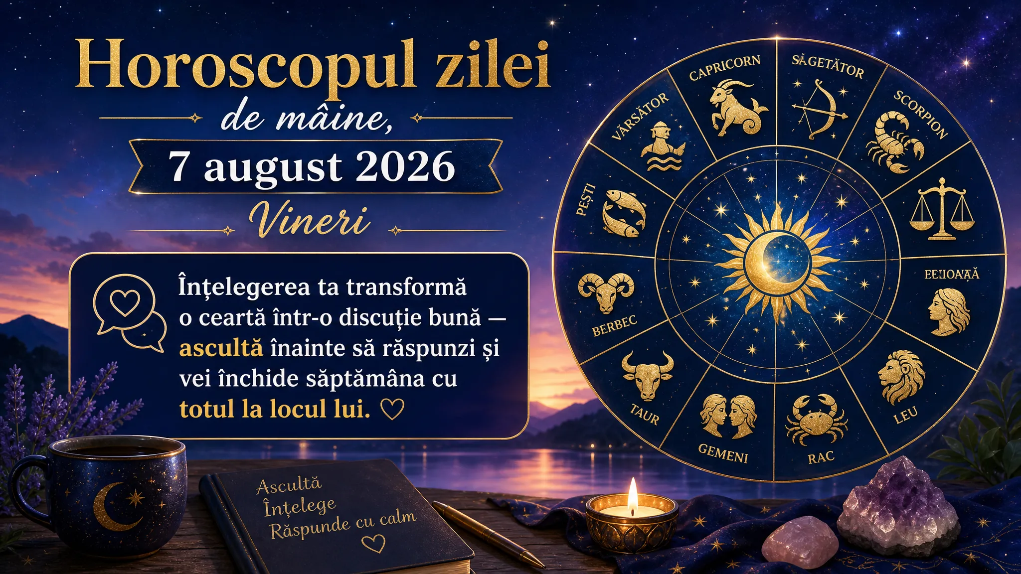 Horoscopul zilei de mâine, 7 august 2026. Vineri, înțelegerea ta transformă o ceartă într-o discuție bună — ascultă înainte să răspunzi și vei închide săptămâna cu totul la locul lui