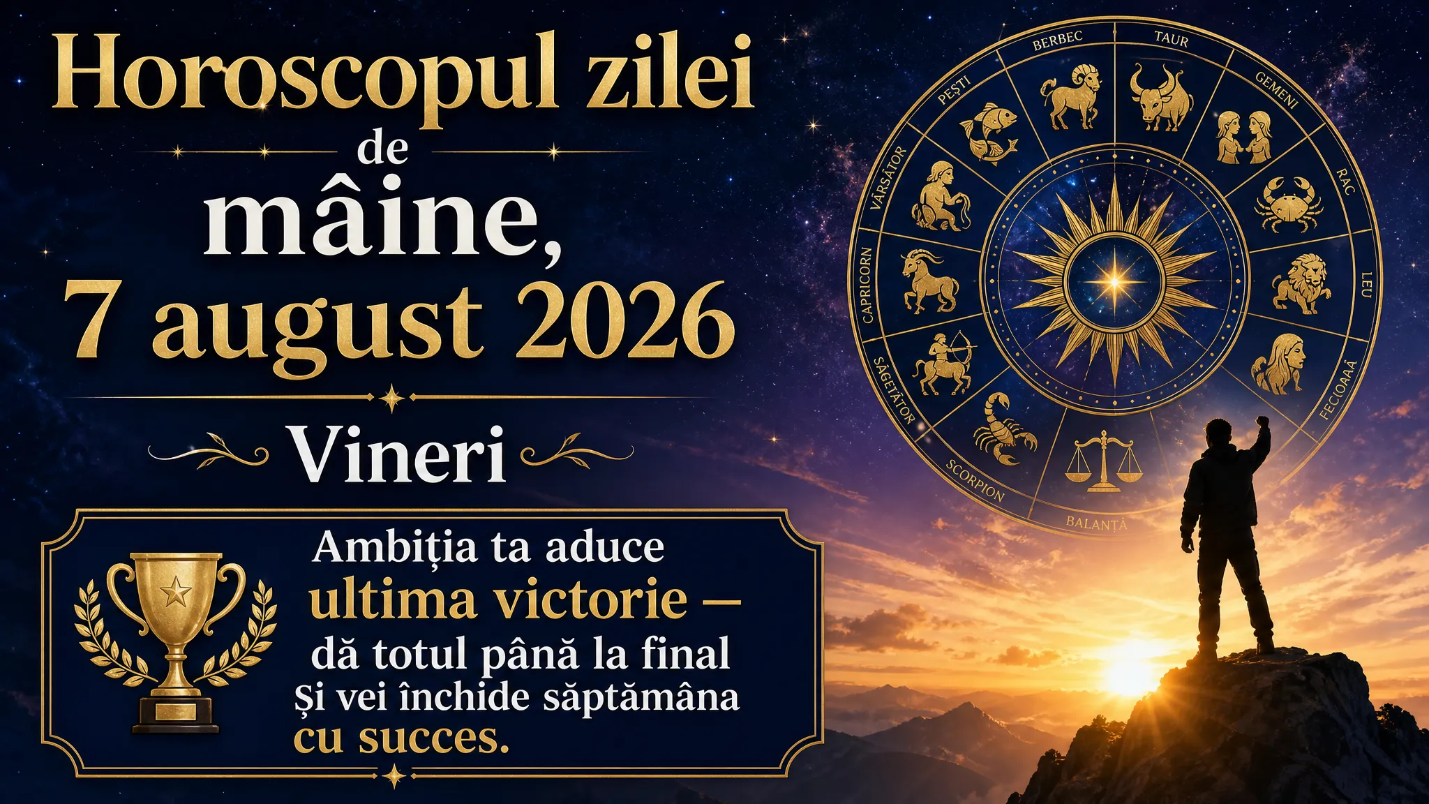 Horoscopul zilei de mâine, 7 august 2026. Vineri, ambiția ta aduce ultima victorie — dă totul până la final și vei închide săptămâna cu succes