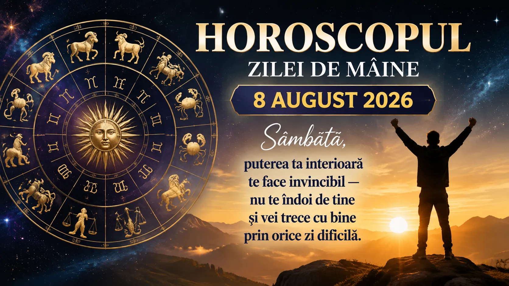 Horoscopul zilei de mâine, 8 august 2026. Sâmbătă, puterea ta interioară te face invincibil — nu te îndoi de tine și vei trece cu bine prin orice zi dificilă