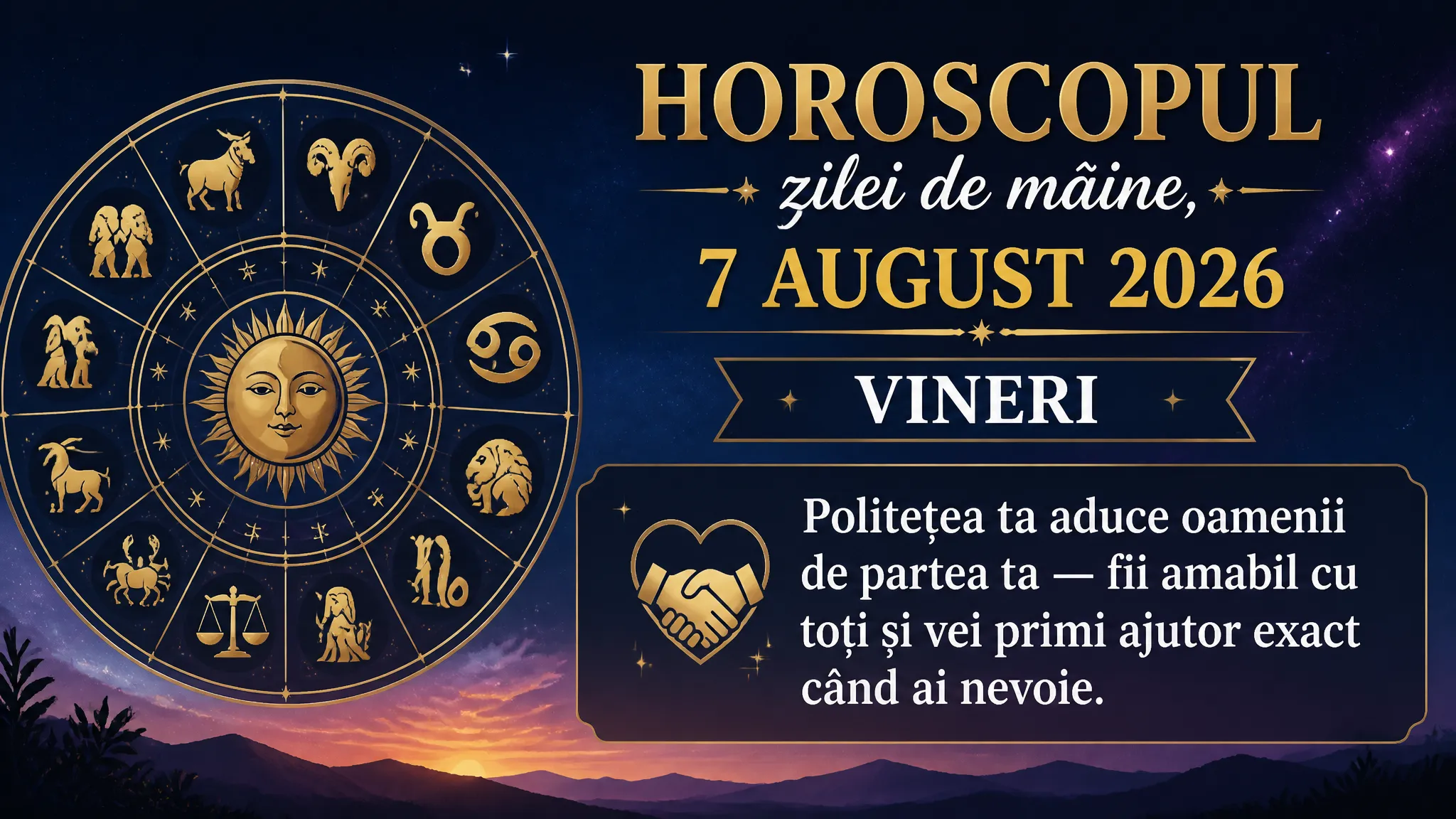 Horoscopul zilei de mâine, 7 august 2026. Vineri, politețea ta aduce oamenii de partea ta — fii amabil cu toți și vei primi ajutor exact când ai nevoie