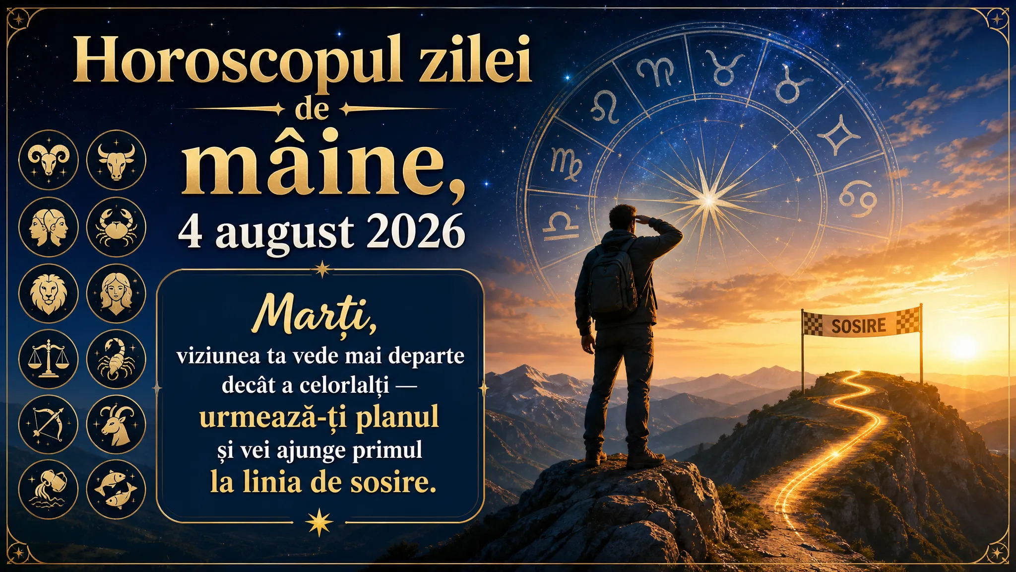 Horoscopul zilei de mâine, 4 august 2026. Marți, viziunea ta vede mai departe decât a celorlalți — urmează-ți planul și vei ajunge primul la linia de sosire