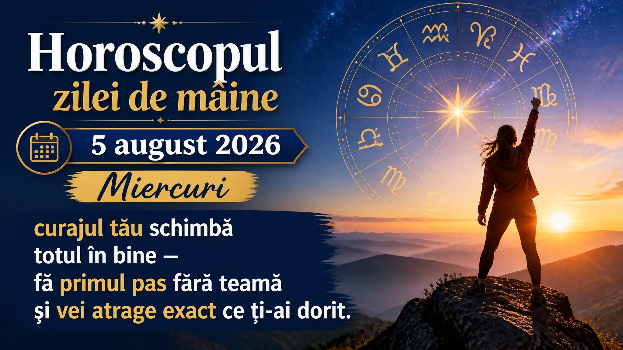 Horoscopul zilei de mâine, 5 august 2026. Miercuri, curajul tău schimbă totul în bine — fă primul pas fără teamă și vei atrage exact ce ți-ai dorit