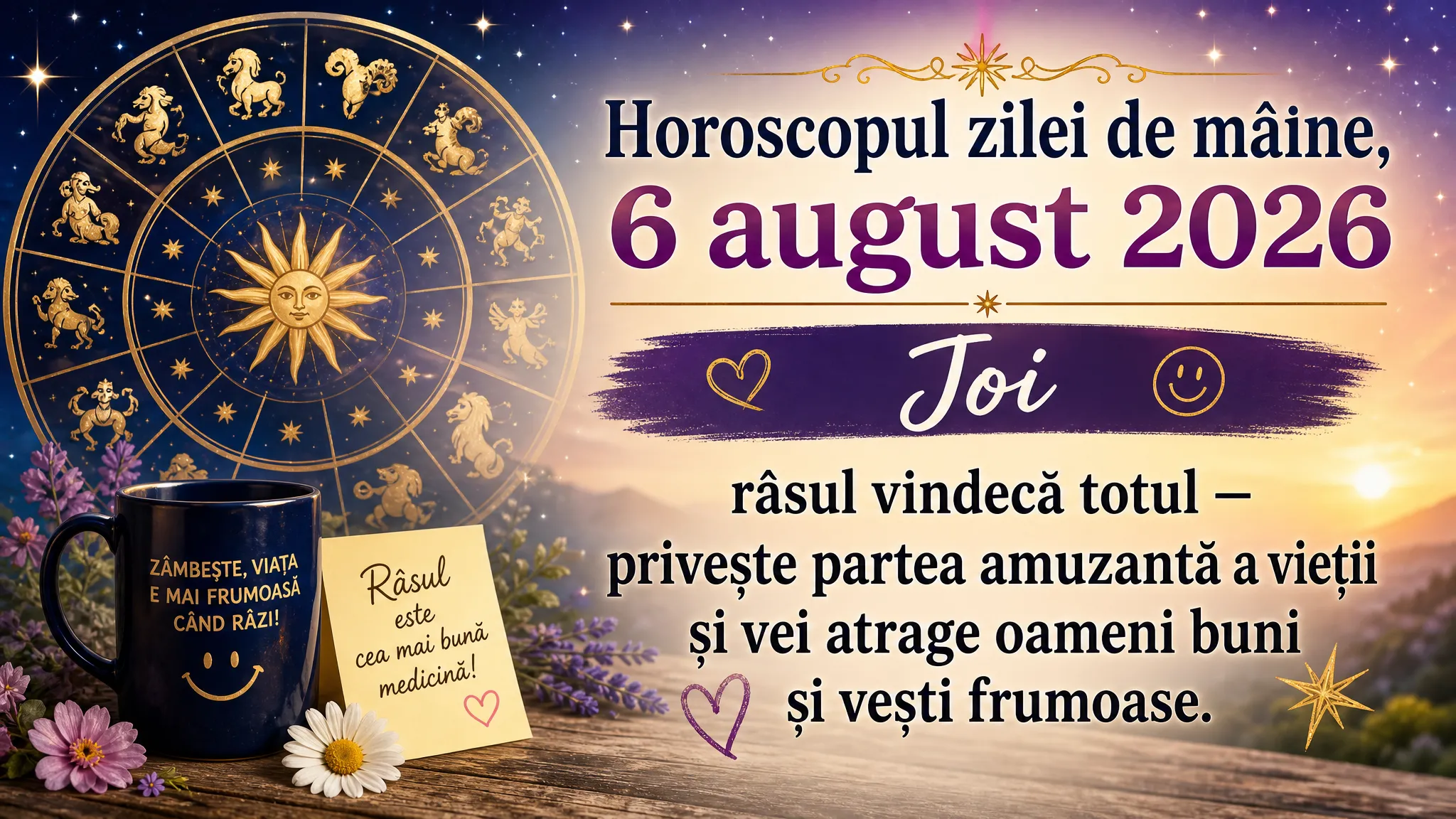 Horoscopul zilei de mâine, 6 august 2026. Joi, râsul vindecă totul — privește partea amuzantă a vieții și vei atrage oameni buni și vești frumoase