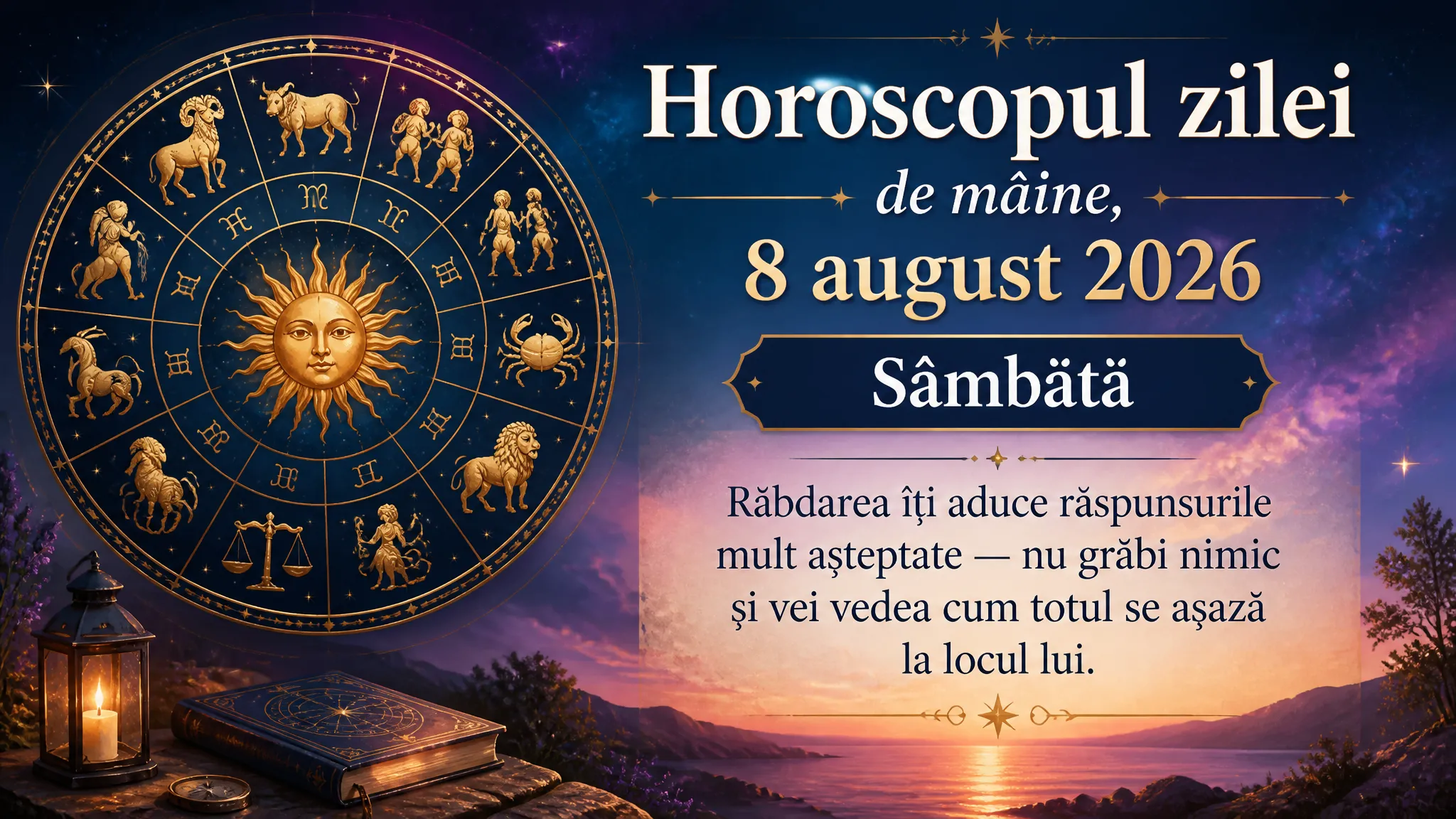 Horoscopul zilei de mâine, 8 august 2026. Sâmbătă, răbdarea îți aduce răspunsurile mult așteptate — nu grăbi nimic și vei vedea cum totul se așază la locul lui