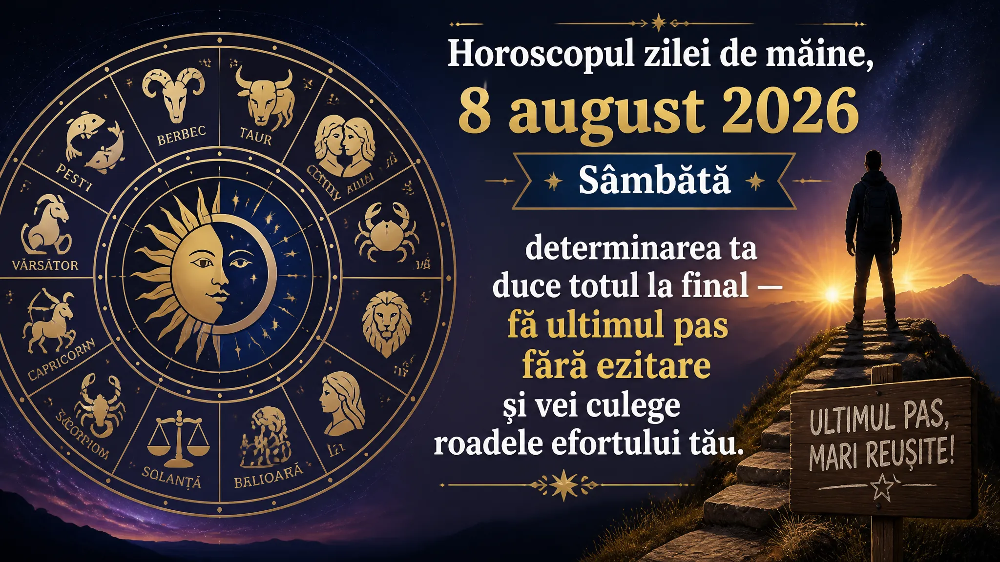 Horoscopul zilei de mâine, 8 august 2026. Sâmbătă, determinarea ta duce totul la final — fă ultimul pas fără ezitare și vei culege roadele efortului tău