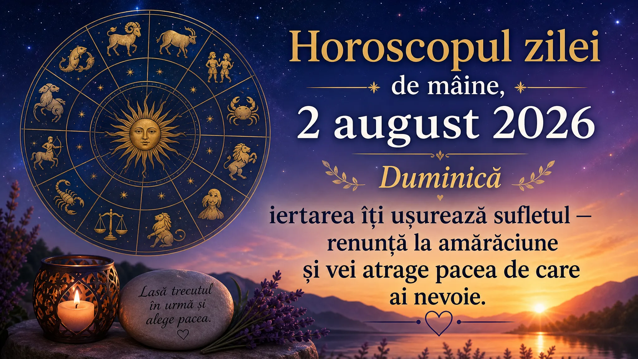 Horoscopul zilei de mâine, 2 august 2026. Duminică, iertarea îți ușurează sufletul — renunță la amărăciune și vei atrage pacea de care ai nevoie