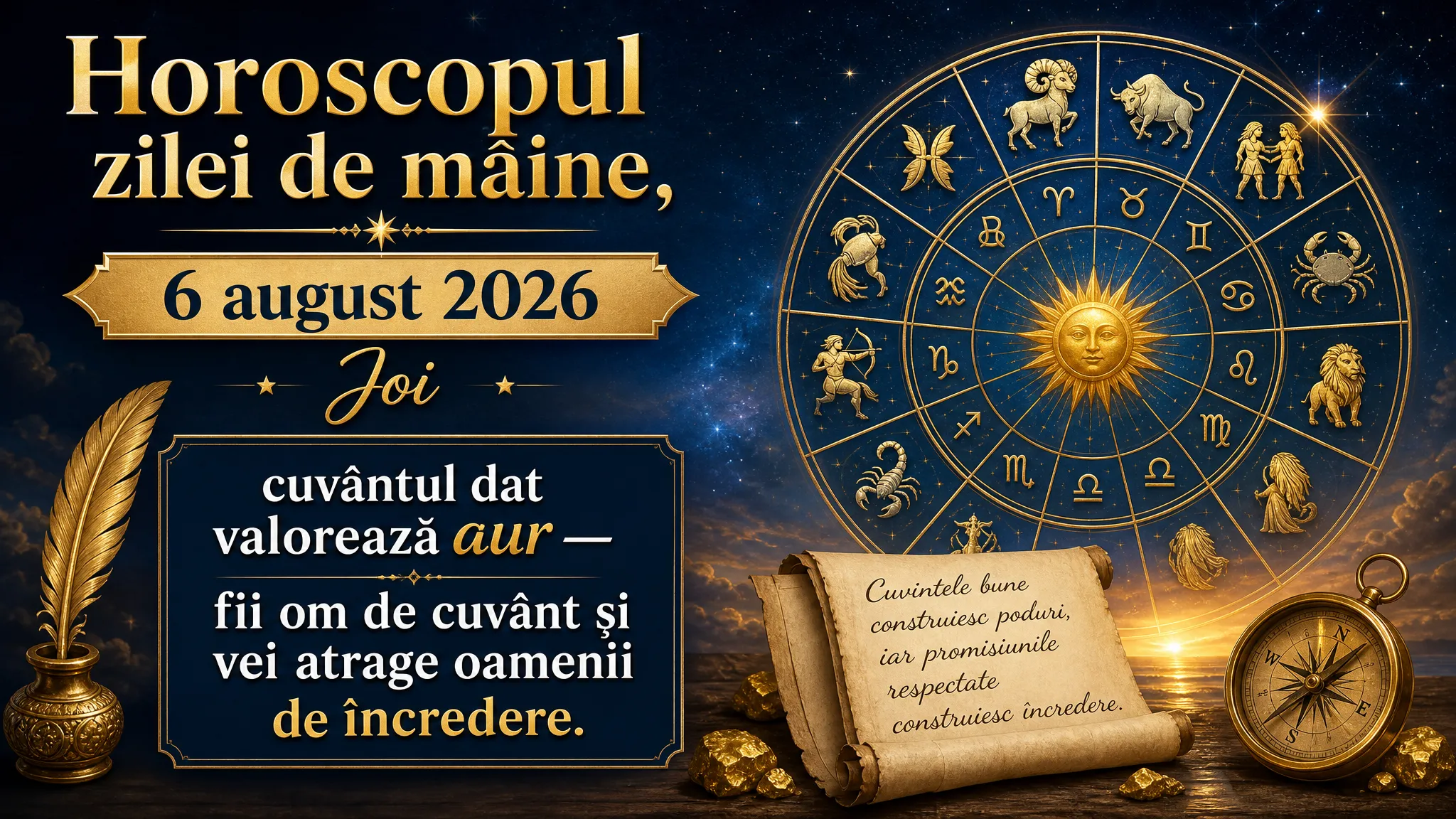 Horoscopul zilei de mâine, 6 august 2026. Joi, cuvântul dat valorează aur — fii om de cuvânt și vei atrage oamenii de încredere