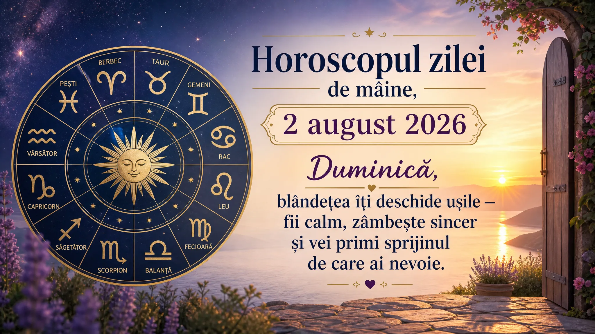 Horoscopul zilei de mâine, 2 august 2026. Duminică, blândețea îți deschide ușile — fii calm, zâmbește sincer și vei primi sprijinul de care ai nevoie
