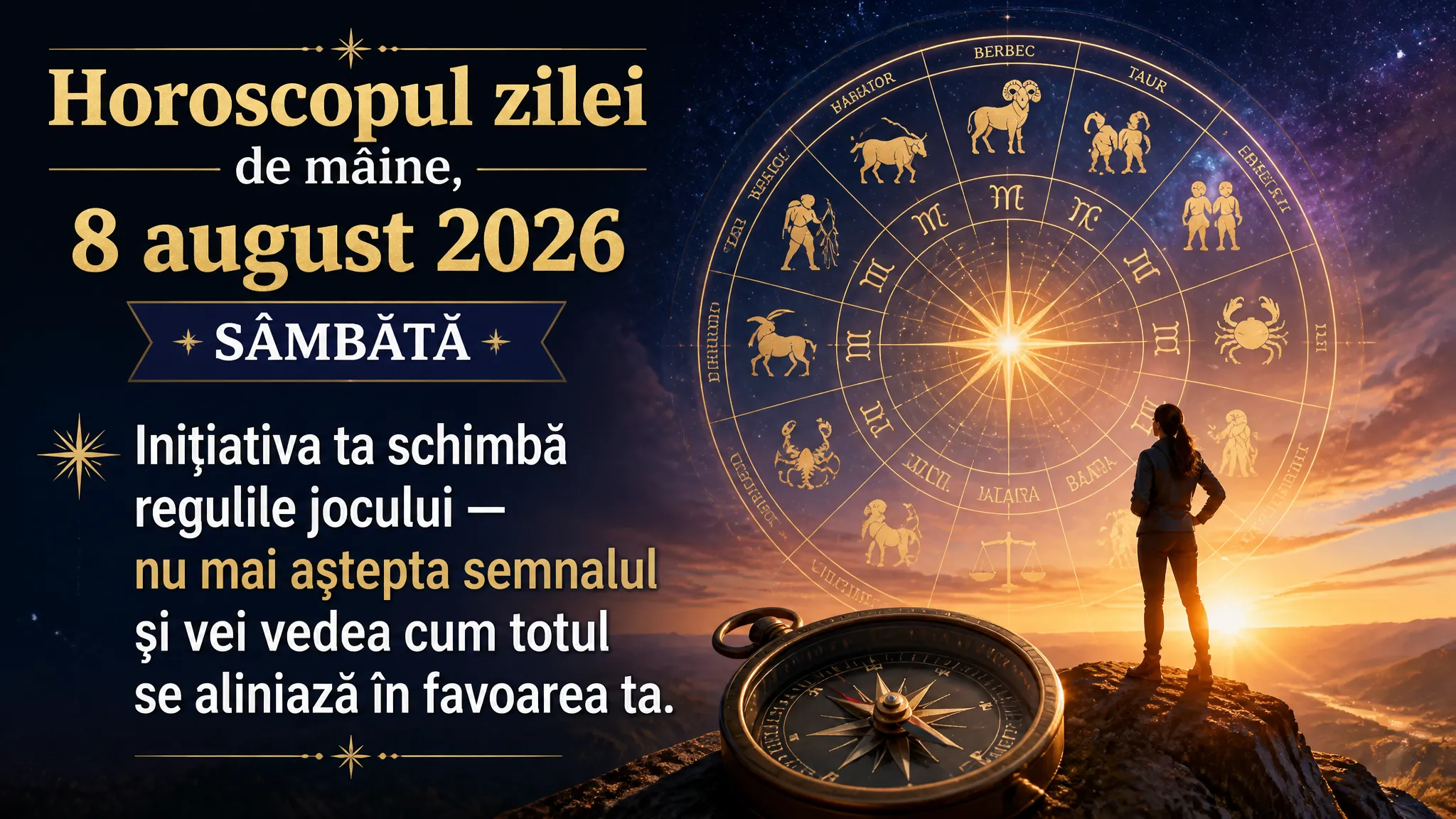 Horoscopul zilei de mâine, 8 august 2026. Sâmbătă, inițiativa ta schimbă regulile jocului — nu mai aștepta semnalul și vei vedea cum totul se aliniază în favoarea ta