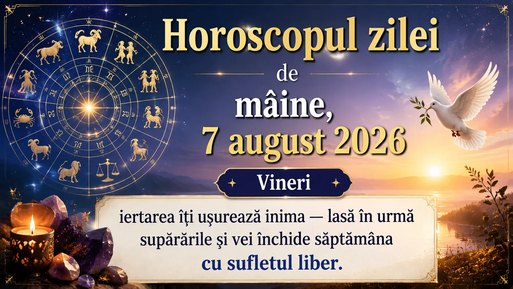 Horoscopul zilei de mâine, 7 august 2026. Vineri, iertarea îți ușurează inima — lasă în urmă supărările și vei închide săptămâna cu sufletul liber