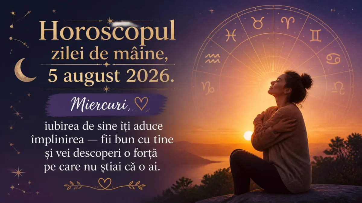 Horoscopul zilei de mâine, 5 august 2026. Miercuri, iubirea de sine îți aduce împlinirea — fii bun cu tine și vei descoperi o forță pe care nu știai că o ai