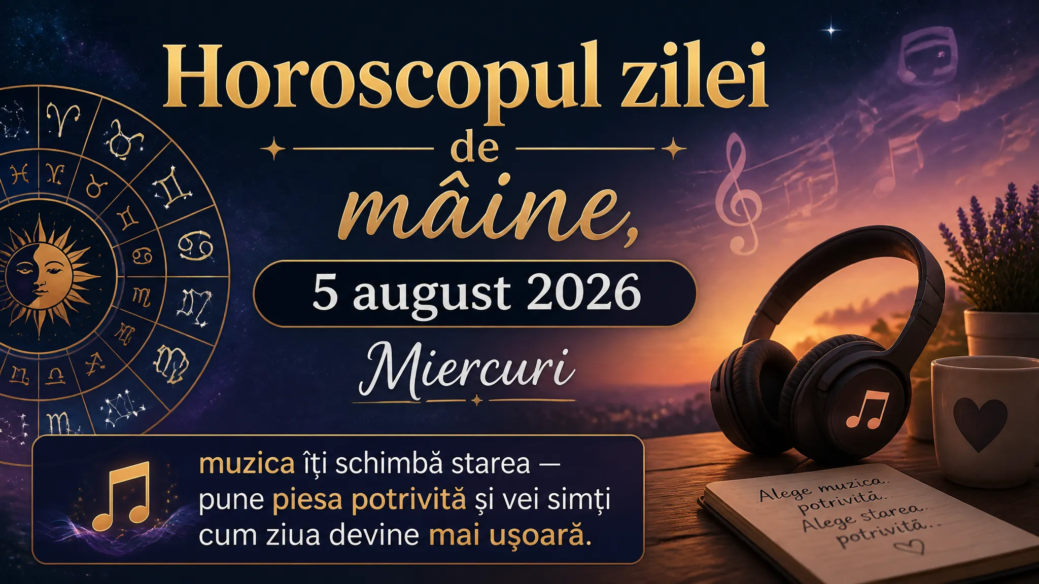 Horoscopul zilei de mâine, 5 august 2026. Miercuri, muzica îți schimbă starea — pune piesa potrivită și vei simți cum ziua devine mai ușoară