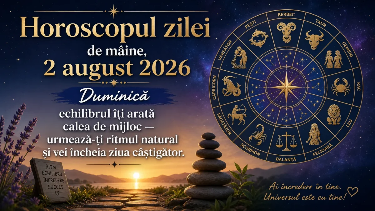 Horoscopul zilei de mâine, 2 august 2026. Duminică, echilibrul îți arată calea de mijloc — urmează-ți ritmul natural și vei încheia ziua câștigător