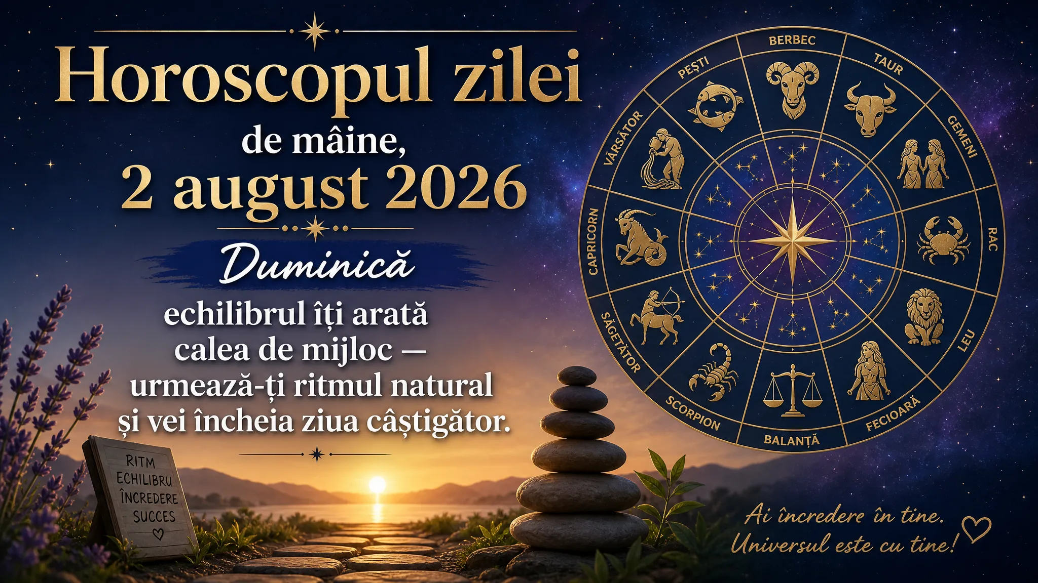 Horoscopul zilei de mâine, 2 august 2026. Duminică, echilibrul îți arată calea de mijloc — urmează-ți ritmul natural și vei încheia ziua câștigător