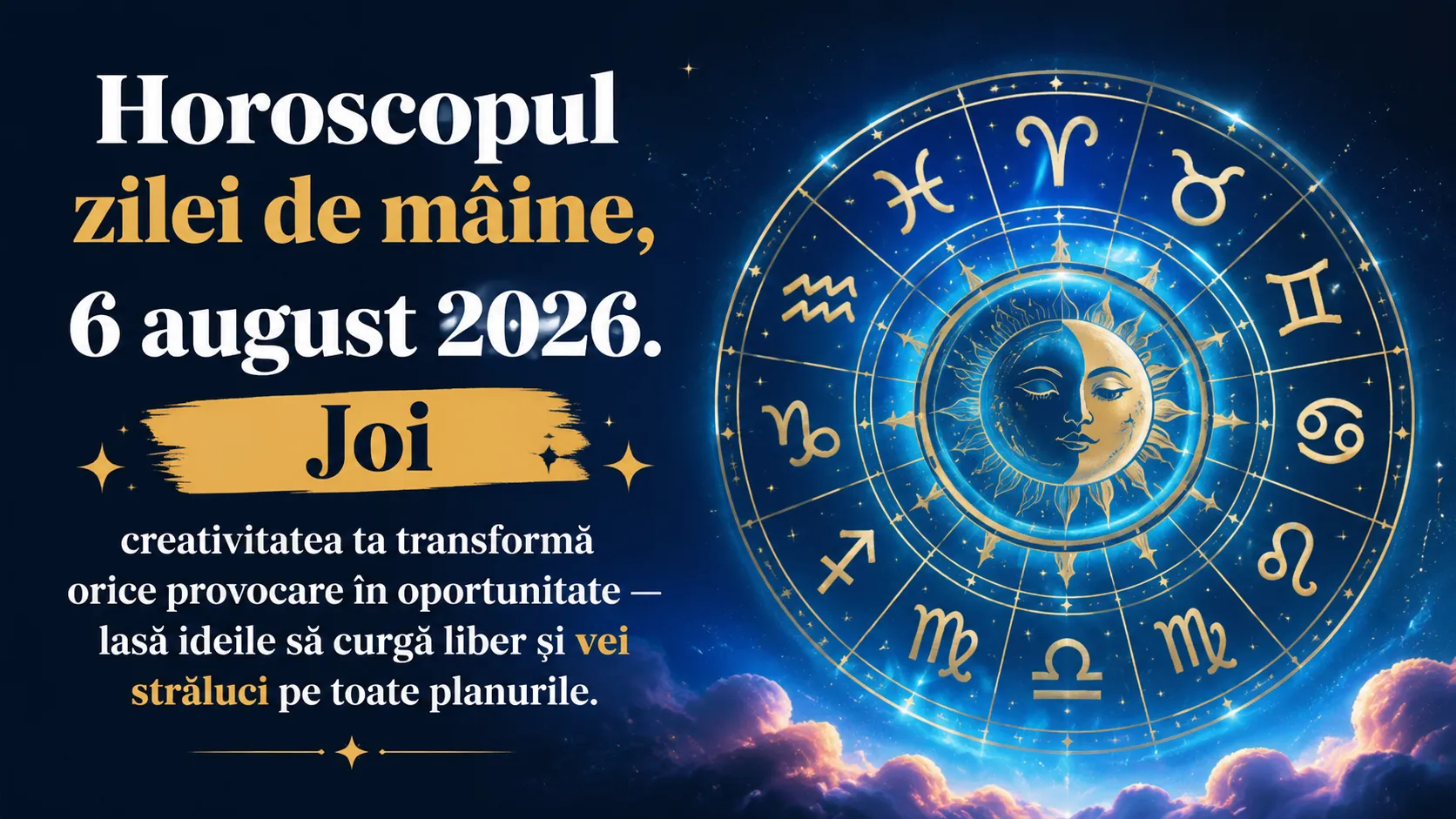 Horoscopul zilei de mâine, 6 august 2026. Joi, creativitatea ta transformă orice provocare în oportunitate — lasă ideile să curgă liber și vei străluci pe toate planurile