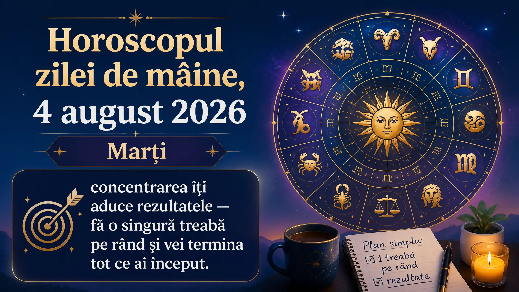 Horoscopul zilei de mâine, 4 august 2026. Marți, concentrarea îți aduce rezultatele — fă o singură treabă pe rând și vei termina tot ce ai început