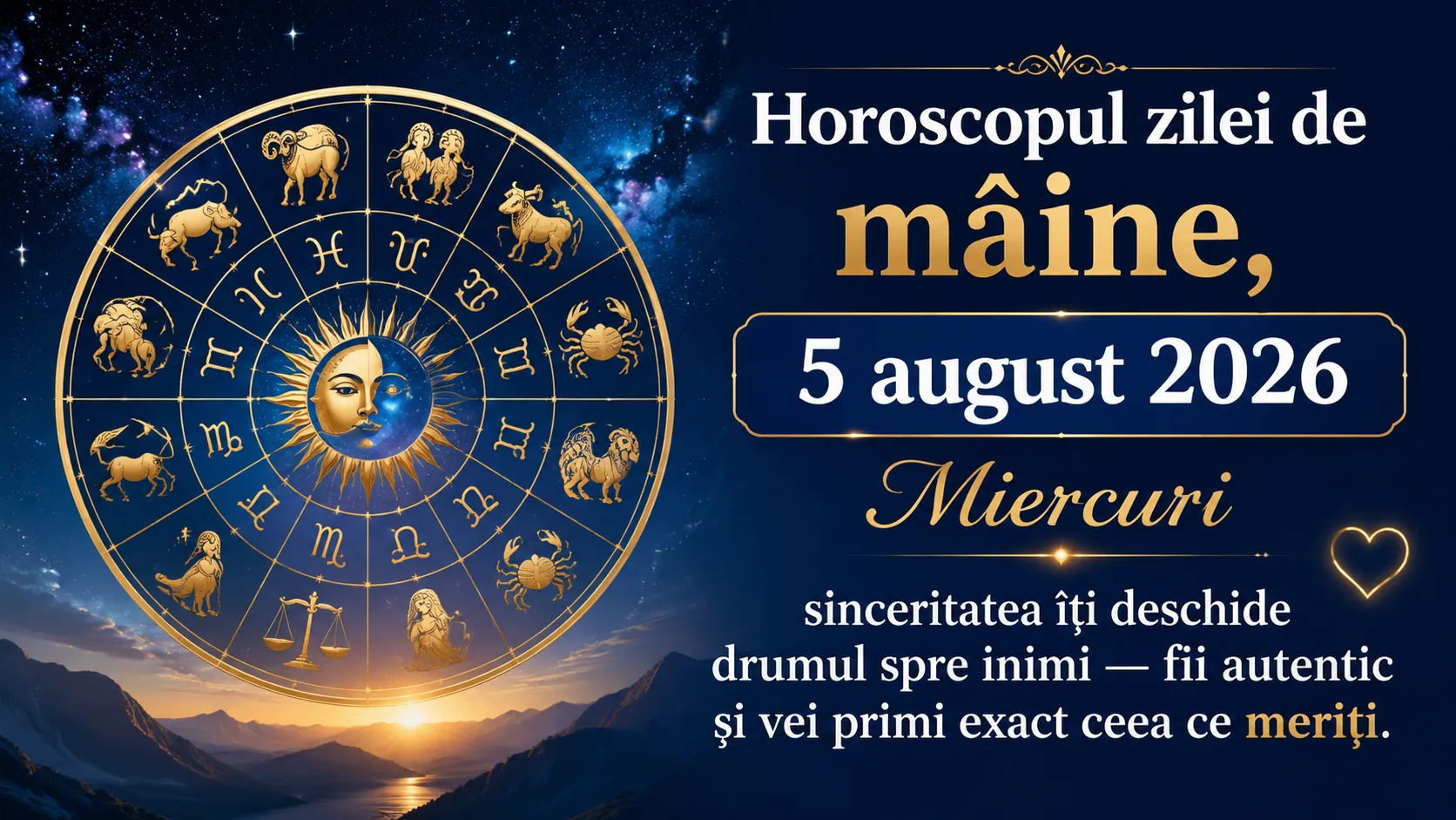 Horoscopul zilei de mâine, 5 august 2026. Miercuri, sinceritatea îți deschide drumul spre inimi — fii autentic și vei primi exact ceea ce meriți